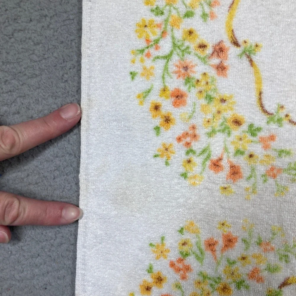 Vintage 70s Holly Hobbie Bath Hand Towel White Fringed Floral Cotton Cannon